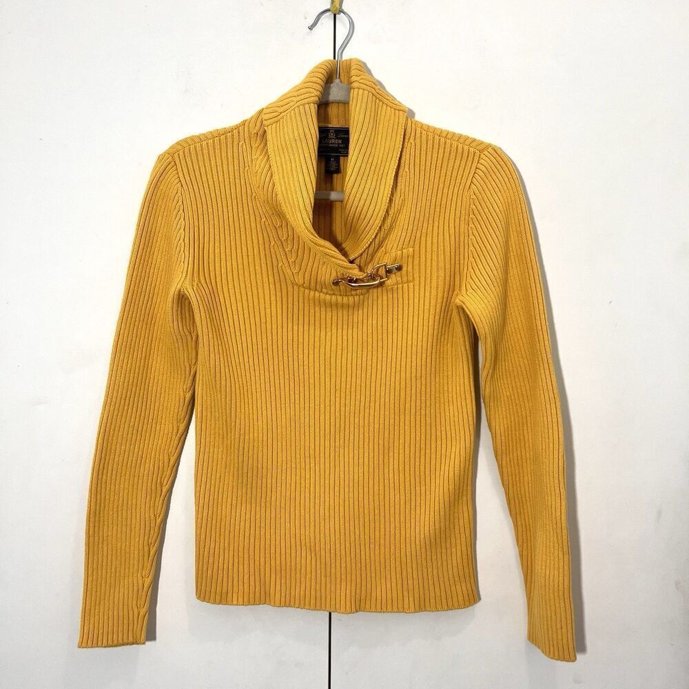 Lauren Ralph Lauren‎ Sweater Womens M Yellow Shawl Collar Preppy Academia Knit